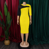 Plus Size Contrast Color 3/4 Sleeve Midi Dress GCZF-8677