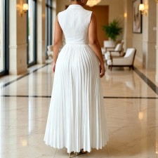 Plus Size Sleeveless Lapel Top Press Pleated Skrit 2 Piece Set GMLF-3387