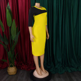 Plus Size Contrast Color 3/4 Sleeve Midi Dress GCZF-8677