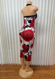 Printed Halterneck Backless Midi Dress GADE-8889