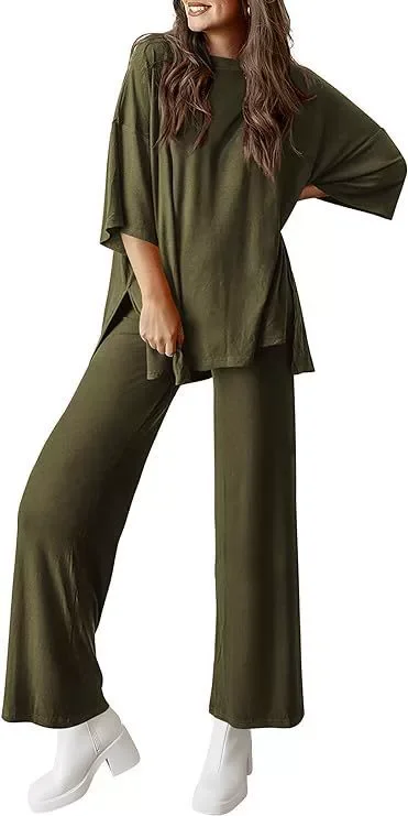 Plus Size Long Sleeve Solid Color Loose 2 Piece Pants Set GWHT-509