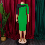 Plus Size Contrast Color 3/4 Sleeve Midi Dress GCZF-8677