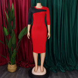 Plus Size Contrast Color 3/4 Sleeve Midi Dress GCZF-8677