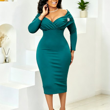 Plus Size Off Shoulder Long Sleeve Midi Dress GCZF-8676