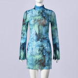 Tie Dye Printed Split Long Sleeve Mini Dress  GNZD-33194DBY