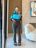 Contrast Color Lapel Top Flare Pants 2 Piece Set GTYZ-7628