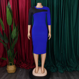 Plus Size Contrast Color 3/4 Sleeve Midi Dress GCZF-8677