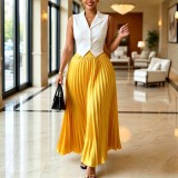 Plus Size Sleeveless Lapel Top Press Pleated Skrit 2 Piece Set GMLF-3387