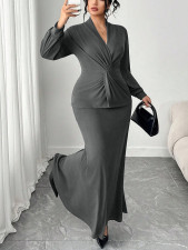 Plus Size Long Sleeve V Neck Two Piece Skirts Set GAWE-6797