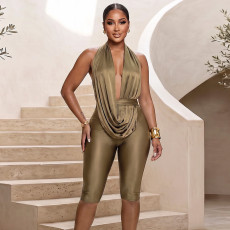 Halterneck Tie Up V Neck Jumpsuit GNZD-12211PBM