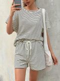 Plus Size Stripe SHort Sleeve T Shirts Two Piece Shorts Set GWHT-A339