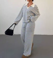 Stripe Lapel Knits Long Sleeve Pants 2 Piece Set GWHT-A53