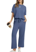 Plus Size Short Sleeve Solid Color Two Piece Pants Set GWHT-A28