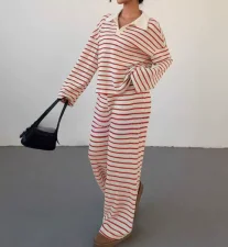 Stripe Lapel Knits Long Sleeve Pants 2 Piece Set GWHT-A53