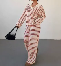 Stripe Lapel Knits Long Sleeve Pants 2 Piece Set GWHT-A53