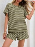 Plus Size Stripe SHort Sleeve T Shirts Two Piece Shorts Set GWHT-A339