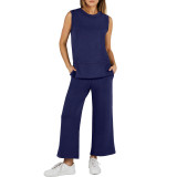 Solid Color Sleeveless Loose Two Piece Pants Set GWHT-07