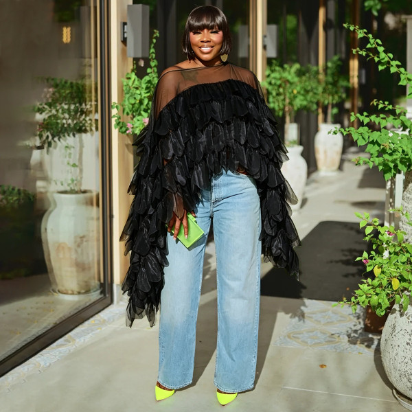 Single Shoulder Mesh Ruffles Top YF-11145