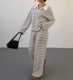 Stripe Lapel Knits Long Sleeve Pants 2 Piece Set GWHT-A53