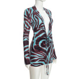 Deep V Neck Printed Long Sleeve Mini Dress GSZM-C26DS400