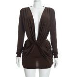 Deep V Neck Long Sleeve Printed Mini Dress GSZM-D26DS386