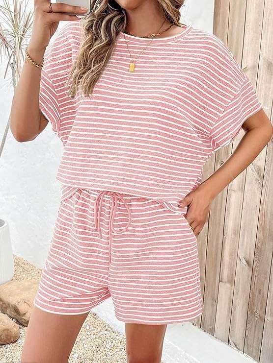 Plus Size Stripe SHort Sleeve T Shirts Two Piece Shorts Set GWHT-A339