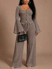 Stripe Flare Sleeve Single Breasted Two Piece Pants Set HNIF-YY051