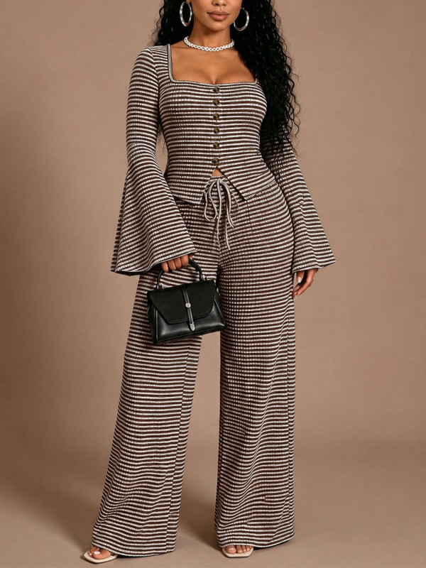 Stripe Flare Sleeve Single Breasted Two Piece Pants Set HNIF-YY051