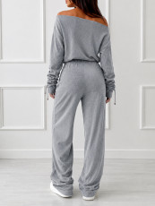 Slash Shoulder Long Sleeve Two Piece Pants Set HNIF-YF405