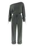 Slash Shoulder Long Sleeve Two Piece Pants Set HNIF-YF405