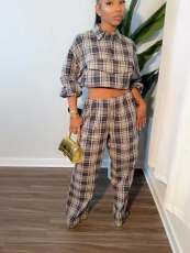 Plaid Printed Long Sleeve Two Piece Pants Set TE-4762