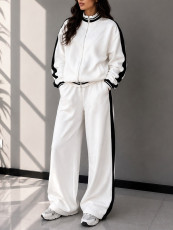 Color Block Zipper Coat Wide Leg Pants 2 Piece Set SFY-927