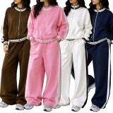 Color Block Zipper Coat Wide Leg Pants 2 Piece Set SFY-927