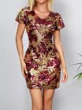 Printed Sequin Short Sleeve Mini Dress GYLY-11540