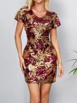 Printed Sequin Short Sleeve Mini Dress GYLY-11540