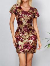 Printed Sequin Short Sleeve Mini Dress GYLY-11540
