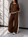 Color Block Zipper Coat Wide Leg Pants 2 Piece Set SFY-927