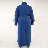Plus Size Single Breasted Belt Denim Maxi Dress GDAM-218846