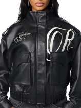 VIP1 Embroidered  Stand Collar Long Sleeve Leather Jackets YNSF-8042
