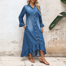 Plus Size Fashion Denim Single Breasted Maxi Dress GDAM-218841