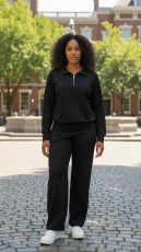 Solid Color Long Sleeve Top Wide Leg Pants Sport Suit YH-5549