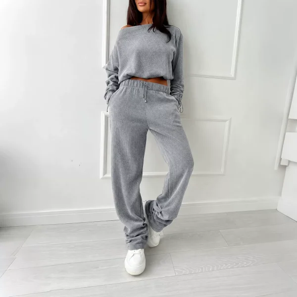 Slash Shoulder Long Sleeve Two Piece Pants Set HNIF-YF405