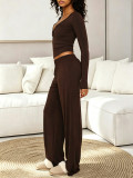 Long Sleeve V Neck Solid Color Two Piece Pants Set MIL-L415