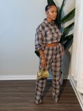 Plaid Printed Long Sleeve Two Piece Pants Set TE-4762