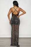 Mesh Hot Diamond Backless Sling Maxi Dress GMYU-8439