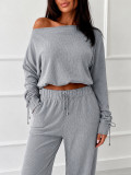 Slash Shoulder Long Sleeve Two Piece Pants Set HNIF-YF405
