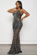Mesh Hot Diamond Backless Sling Maxi Dress GMYU-8439
