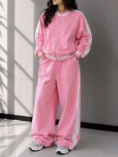 Color Block Zipper Coat Wide Leg Pants 2 Piece Set SFY-927