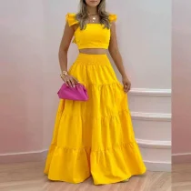 Plus Size Solid Color Sling Top Long Skirt Suit GHMF-8114