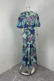 Plus Size Printed Short Sleeve Ruched Long Dress GHMF-29013